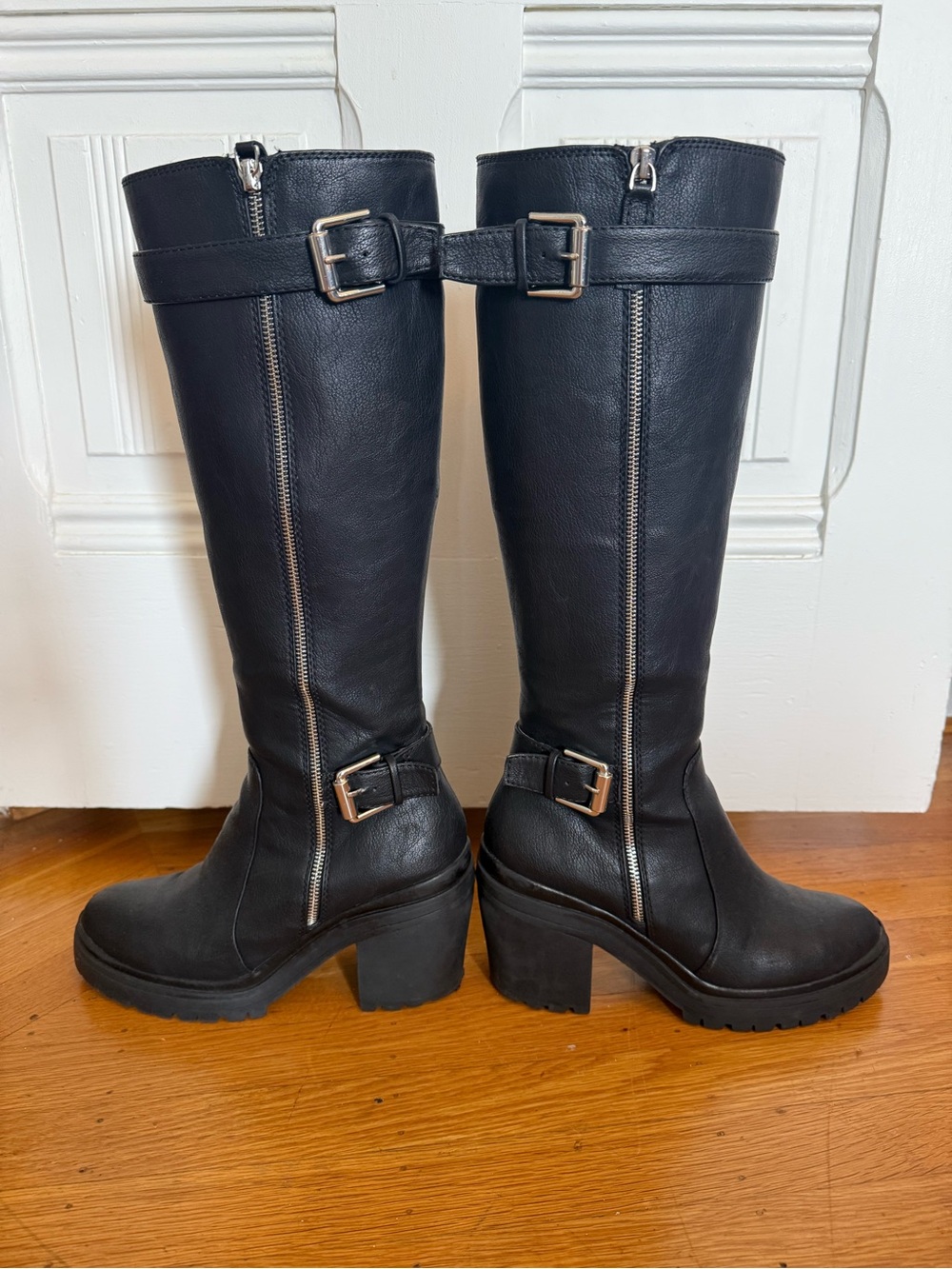 Black Leather Knee-High Buckle Boots - Women's